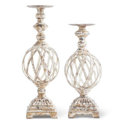 WHITE & GOLD WASHED WOVEN METAL CANDLEHOLDERS 2 Size Options