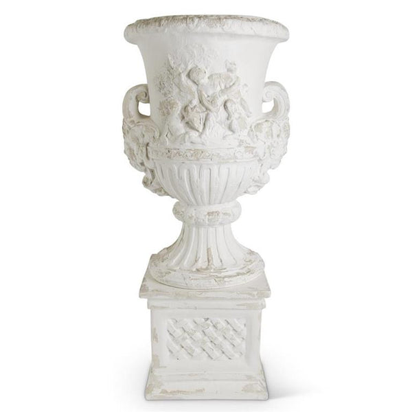 29.5 INCH WHITE DISTRESSED RESIN URN & BASE W/EMBOSSED CHERUBS Pick Up Only