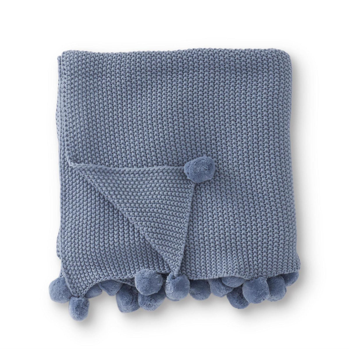 60 INCH LIGHT BLUE STITCH KNIT THROW W POMPOM TRIM