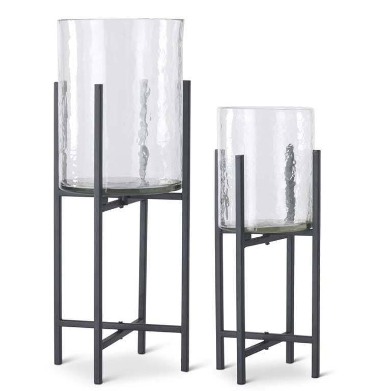 CLEAR WAVY GLASS VASES ON BLACK METAL STANDS 2 Size Options Montana