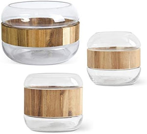 CLEAR GLASS VASES W/THICK CENTER ACACIA WOOD RING - 3 size options