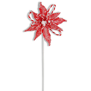 24 INCH SNOWY GLITTERED RED POINSETTIA W/STRIPED ACCENTS