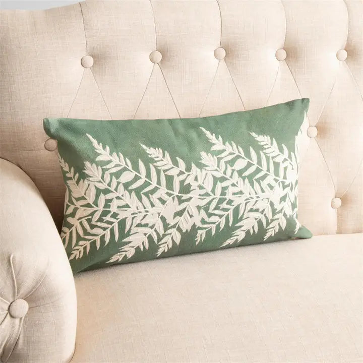Lumbar Pillow Embroidered Leafy Green