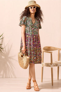 Tribal PRINTED SHORT-SLEEVE DRESS WITH PANELLED SKIRT