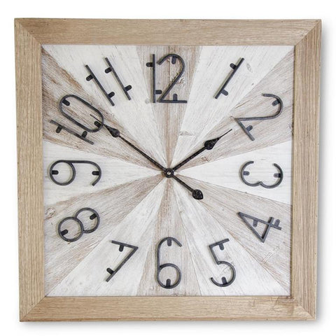 Square Wood Sunburst Clock W/ Modern Black Metal Numbers