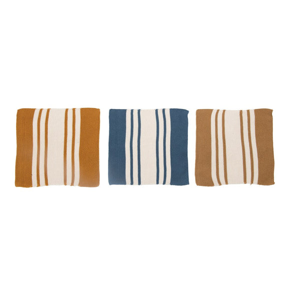 Square Cotton Knit Striped Dish Cloths, Mustard Color, Brown & Blue, Set of 3 in Cotton Bag