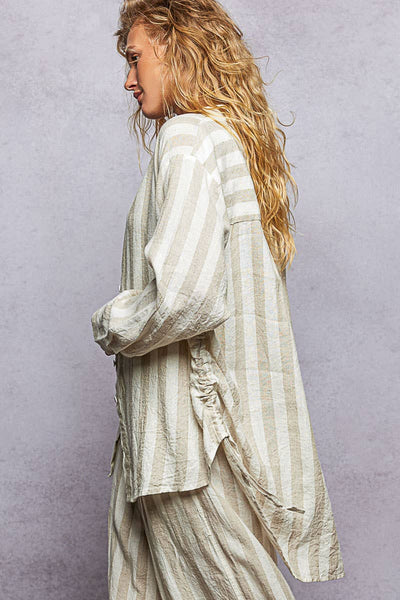 Linen Long Sleeve Side Slit Detail Stripe Shirt Top