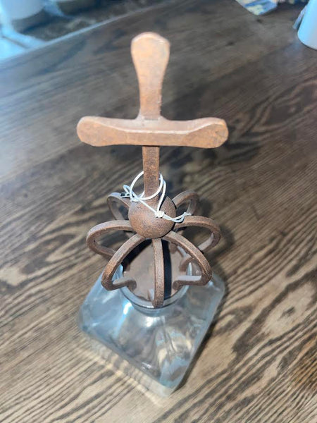 Metal Crown and Cross Glass Drink Container