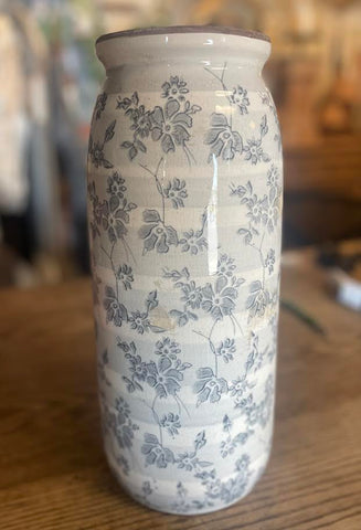 14.5 Inch White & Gray Floral Ceramic Vase