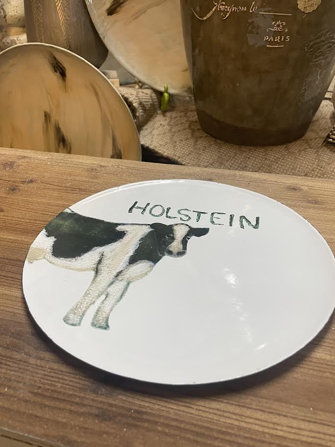 Round Enameled Tin Tray w/Cow