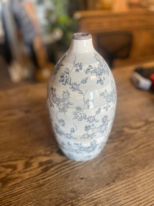 11.5 Inch White & Gray Floral Ceramic Vase