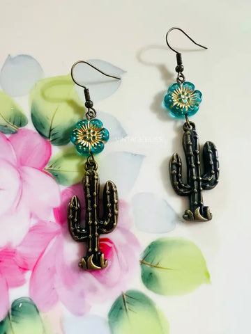 Iris Blue Cactus Flower Earrings