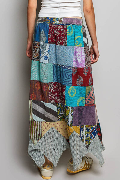 Patchwork Elasticized Waistband Print Panel Woven Skirt