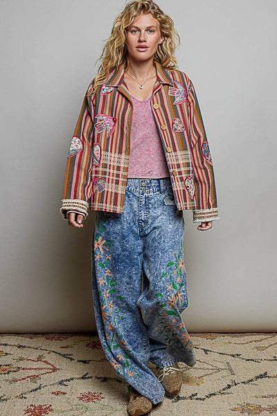 Mixed Striped Plaid Pattern Blocking Raw-Edge Trim Jacket