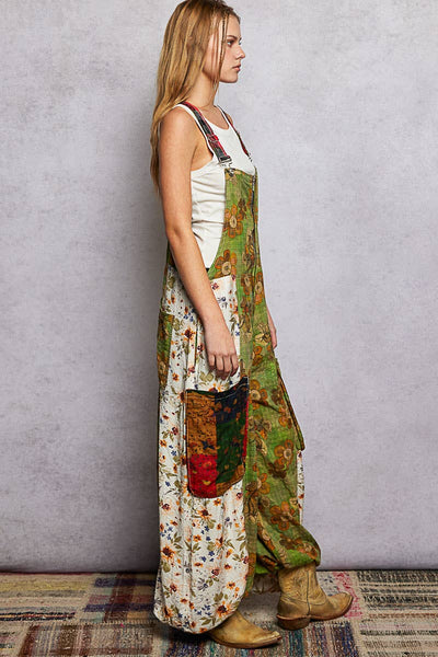 Boho Exaggerated Pocket Vintage Print Jogger Fit Overalls