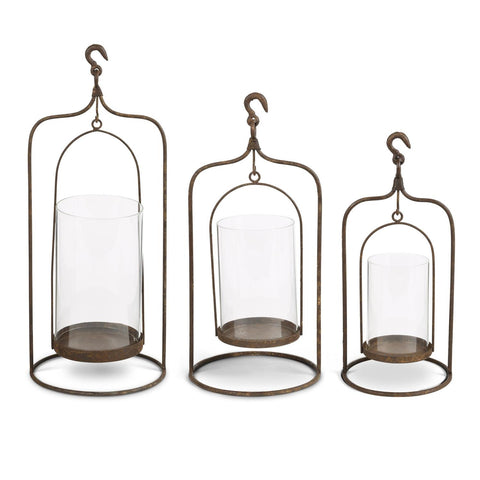 RUSTIC METAL HANGING CANDLEHOLDERS W/SWINGING GLASS HURRICANE 3 Size Options