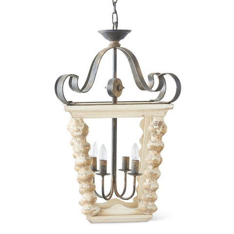 31 INCH WHITE W/GOLD WOOD & METAL LANTERN CHANDELIER~Pick up only