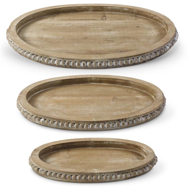 Set of 3 Bead Trim Wooden Oval Trays