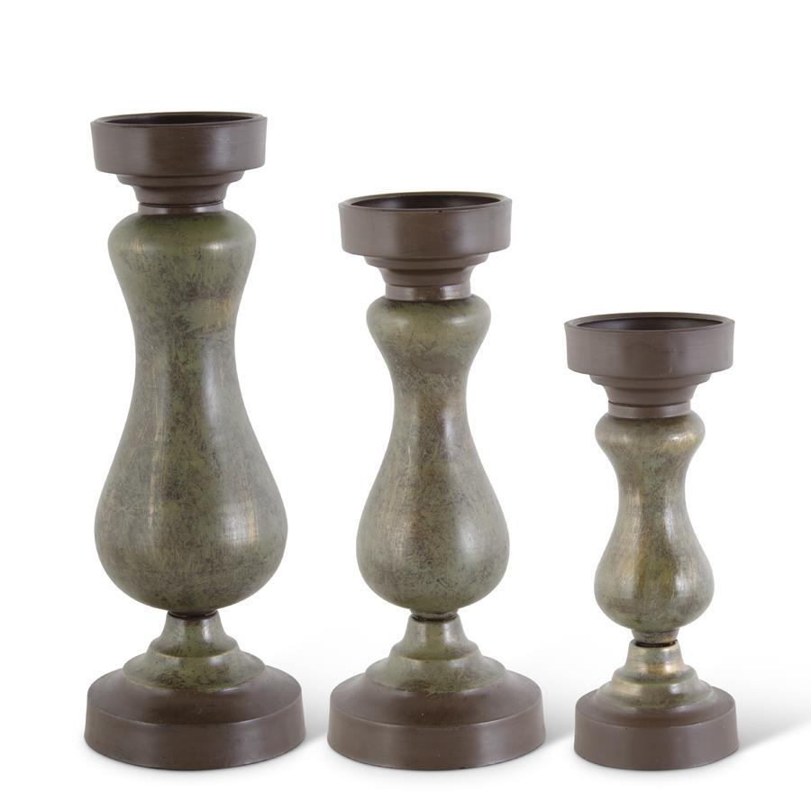 Set of 3 Brown & Green Metal Candleholders