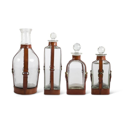 Set of 4 Glass Decanters w/Leather Straps and Metal Buckle Accent