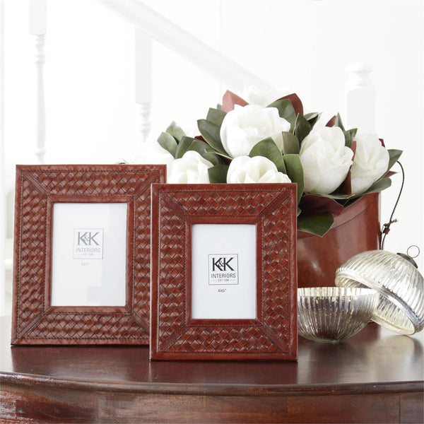 TAN LEATHER BASKET WEAVE PHOTO FRAMES 2 size options