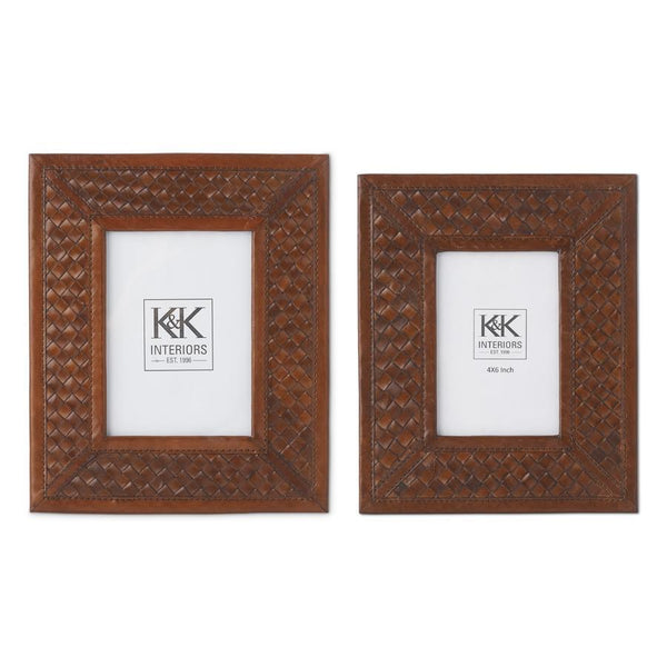 TAN LEATHER BASKET WEAVE PHOTO FRAMES 2 size options