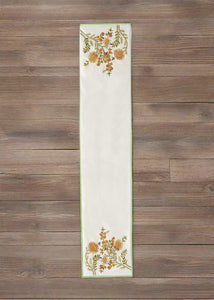 71 INCH WHITE TABLE RUNNER W/YELLOW EMBROIDERED BOTANICALS