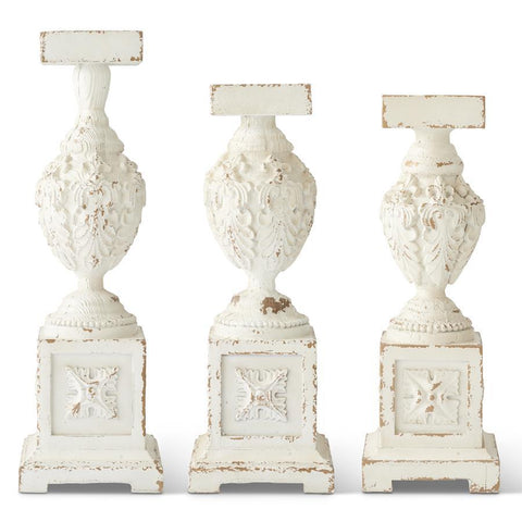 WHITEWASHED WOODEN CANDLEHOLDERS W/CARVED LEAVES 3 Size Options