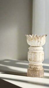 Distressed Whitewash And Gold Wood Candleholder-Small