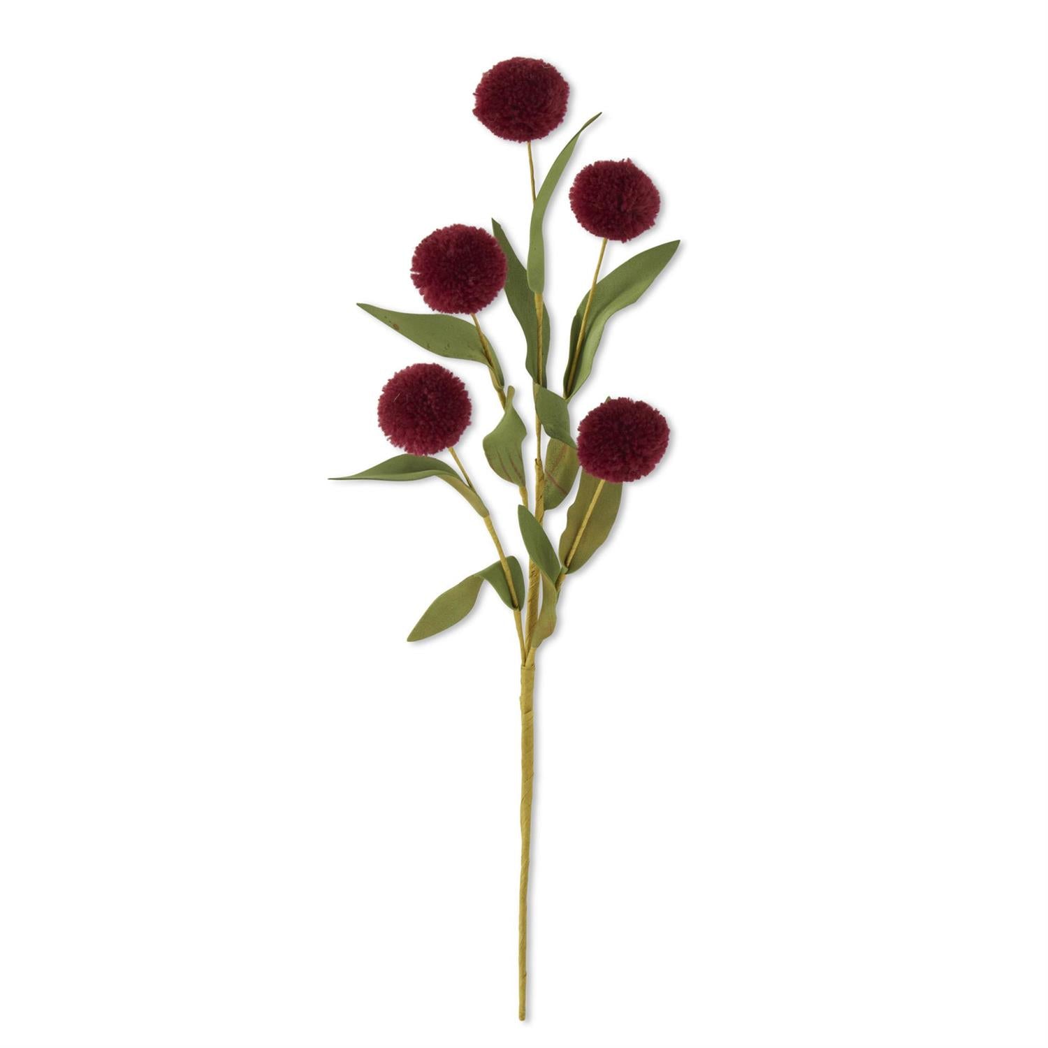 13 Inch Burgundy 5 Ball Pompom Pick w/Green Eva Leaves