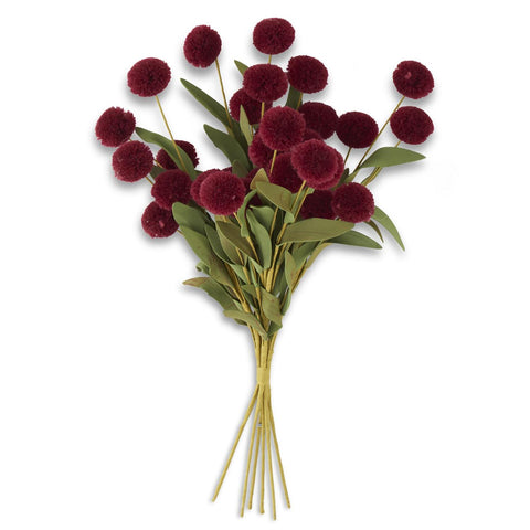 13 Inch Burgundy Pompom Pick w/Green Eva Leaves Bundle (6 Stems)