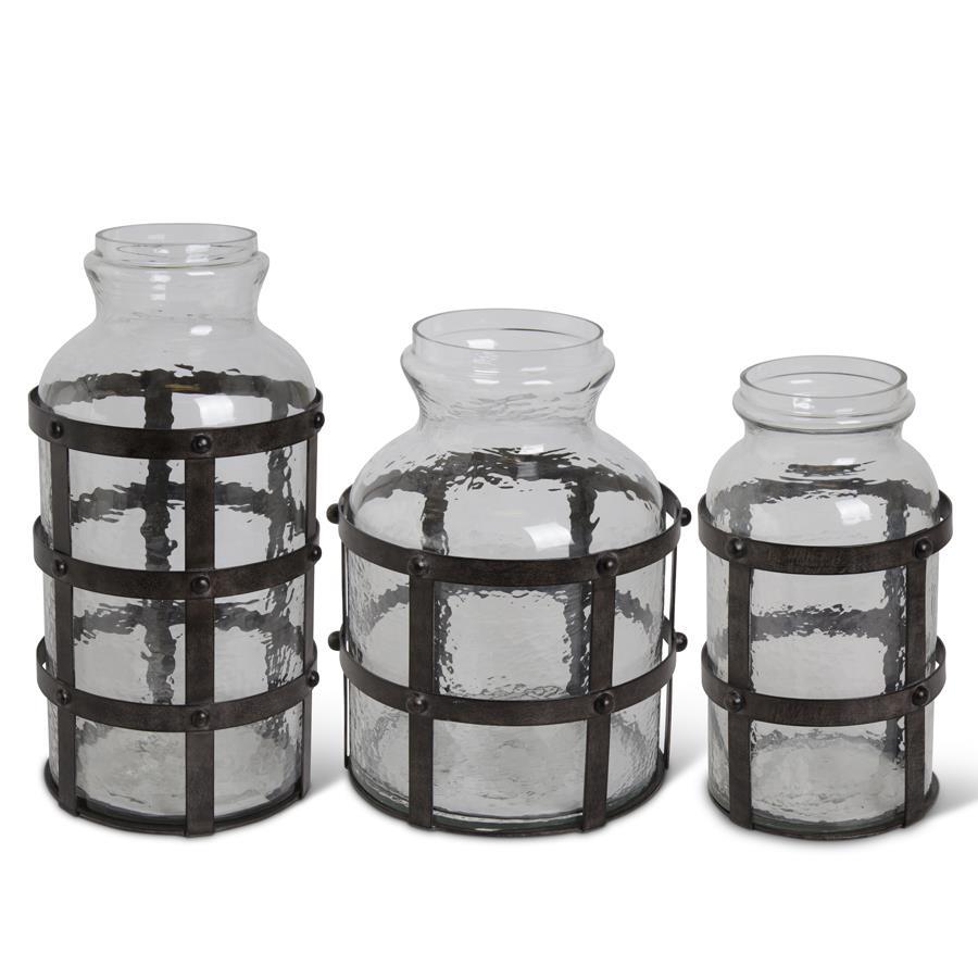 TEXTURED GLASS JARS IN METAL CAGE 3 Size Options