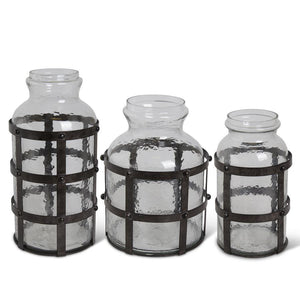 TEXTURED GLASS JARS IN METAL CAGE 3 Size Options