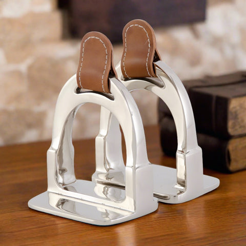 SET OF 2 SILVER STIRRUP W/BROWN LEATHER STRAP BOOKENDS