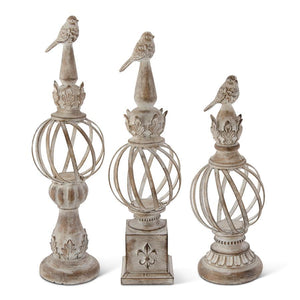 WHITEWASHED METAL BALL FINIALS W/RESIN BIRD TOPS 3 3 Size Options