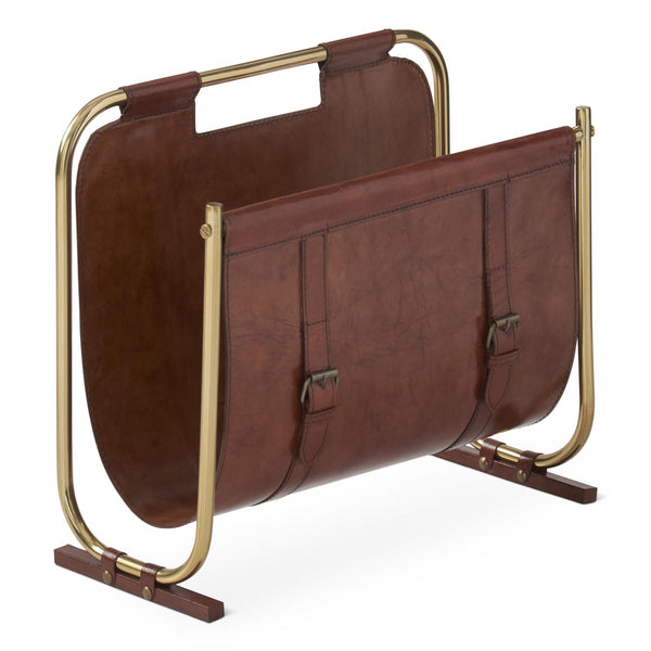 14.5 Inch Rust Leather Magazine Rack w/Brass Accents