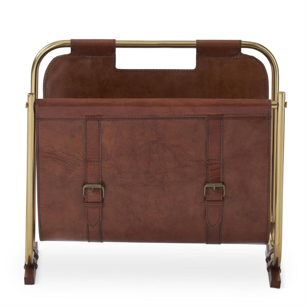 14.5 Inch Rust Leather Magazine Rack w/Brass Accents