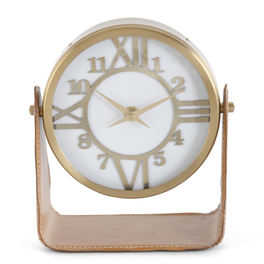 8 INCH GOLD ROUND CLOCK ON VEGAN LEATHER STAND