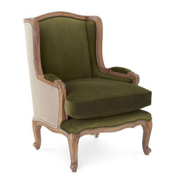 40.25 Inch Green & Tan Mango Wood Wing Chair~Pick Up Only