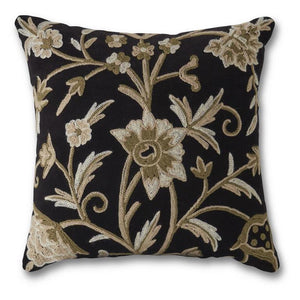 15 INCH SQUARE HAND EMBROIDERED BLACK W/GRAY FLORAL PILLOW