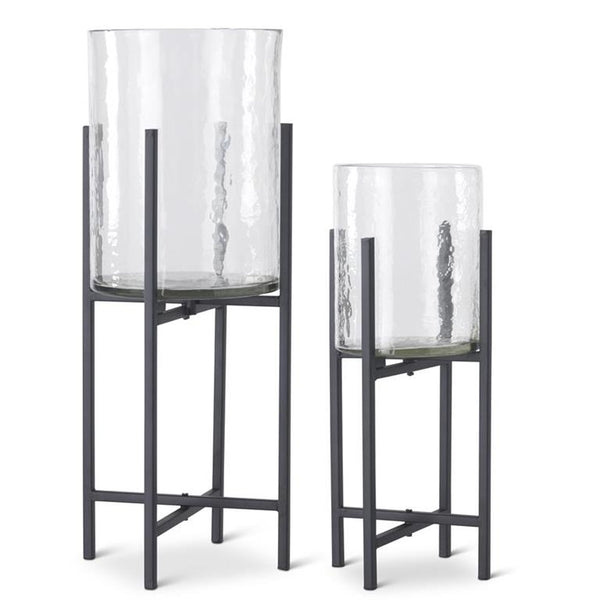 CLEAR WAVY GLASS VASES ON BLACK METAL STANDS 2 Size Options