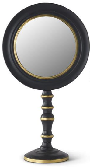 BLACK W/GOLD TRIM ROUND MIRRORS ON STANDS