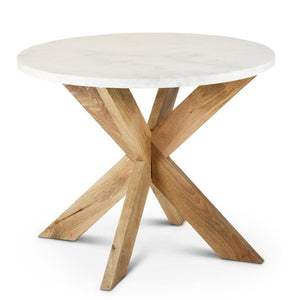 32 INCH WHITE MARBLE TOP TABLE W/NATURAL MANGO WOOD CROSS BUCK LEGS Pick up only