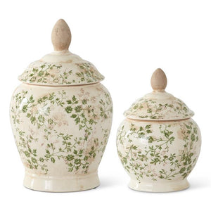 Cream & Green Floral Ceramic Lidded Containers 2 Size Options