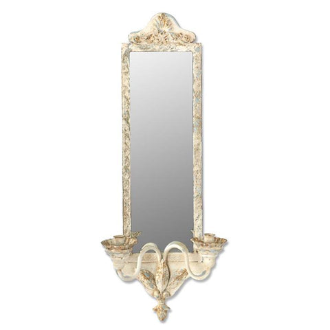 31 INCH WHITEWASHED METAL FRAMED WALL MIRROR W/2 TAPER CANDLEHOLDERS