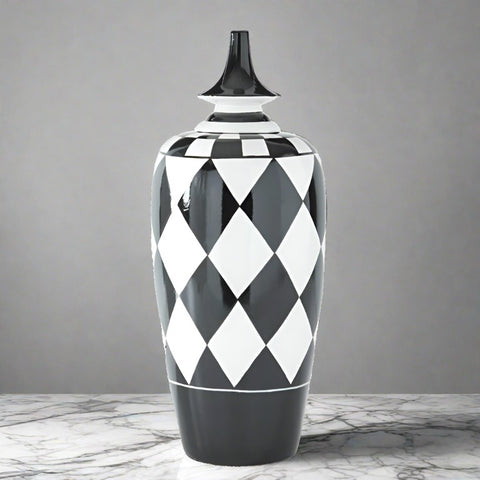 27 INCH BLACK & WHITE HARLEQUIN CONTAINER W/FINIAL LID