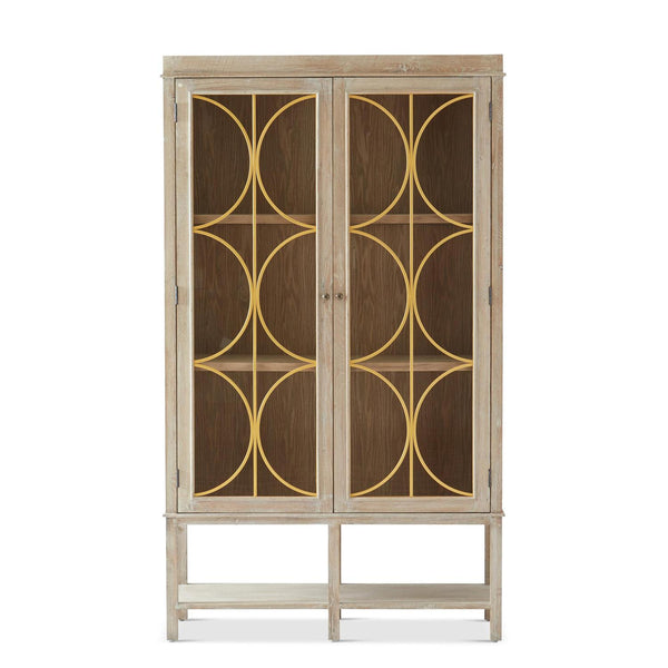 82.75 INCH NATURAL W/GOLD WOOD & GLASS SHOWCASE CABINET~Pick Up Only