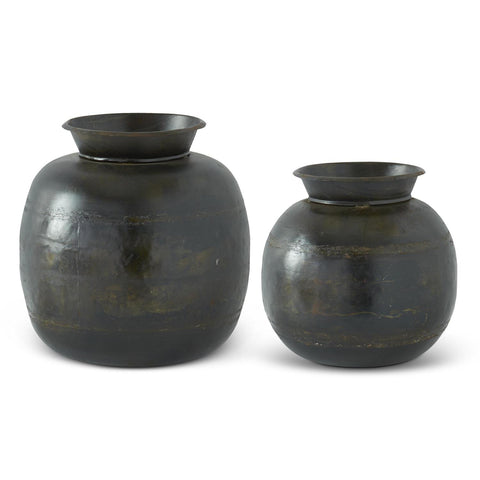 BROWN TEXTURED RECYCLED METAL POT-BELLY VASES 2 Size Options