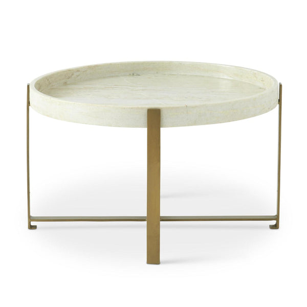 31 INCH ROUND GOLD METAL & WHITE MARBLE COFFEE TABLE Pick up only