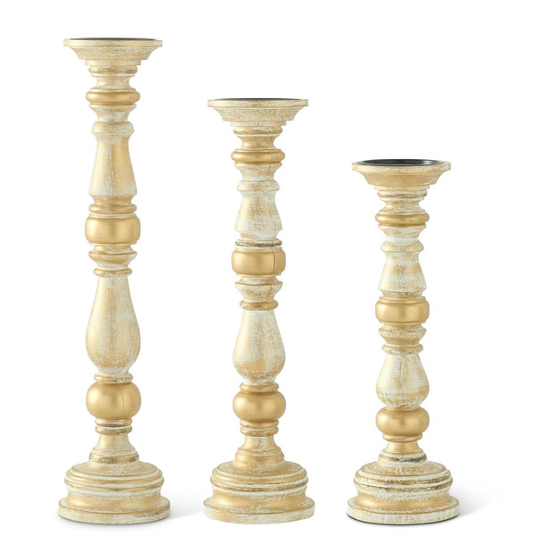 GOLD WHITEWASHED CARVED WOOD SPINDLE CANDLEHOLDERS 3 Size Options